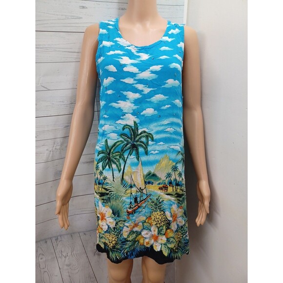 Colorful Hawaiian Dress Sz L Embellished Beaded Palms Floral Pineapple Sequins - Picture 1 of 12